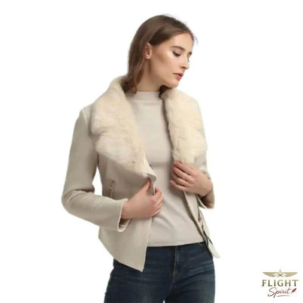 Damen Bomberjacke mit falschem Pelz Beige