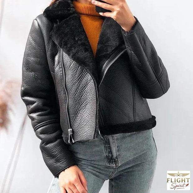 Schwarze Damen Fliegerjacke aus Kunstfell