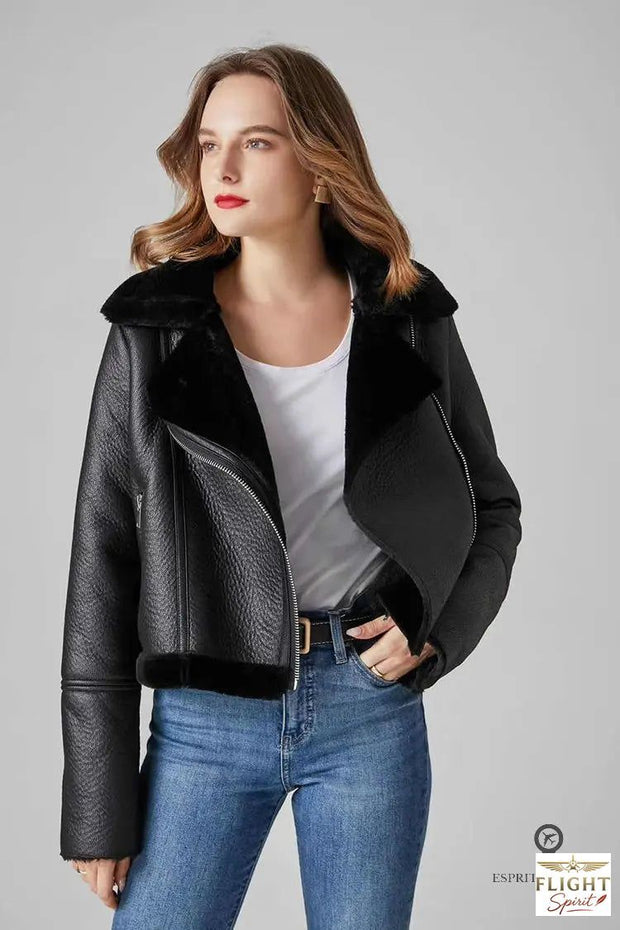 Schwarze Damen Fliegerjacke aus Kunstfell