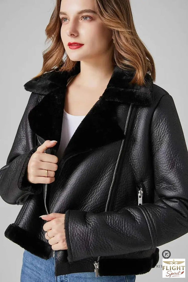 Schwarze Damen Fliegerjacke aus Kunstfell