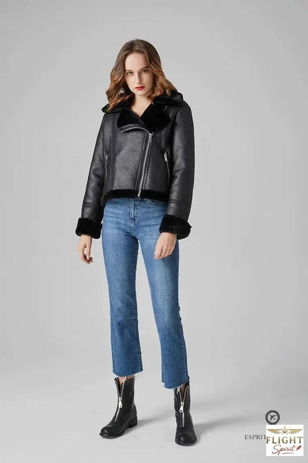 Schwarze Damen Fliegerjacke aus Kunstfell