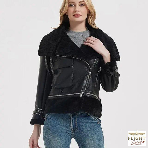 Damen Fliegerjacke Kunstpelz schwarz luxuriös