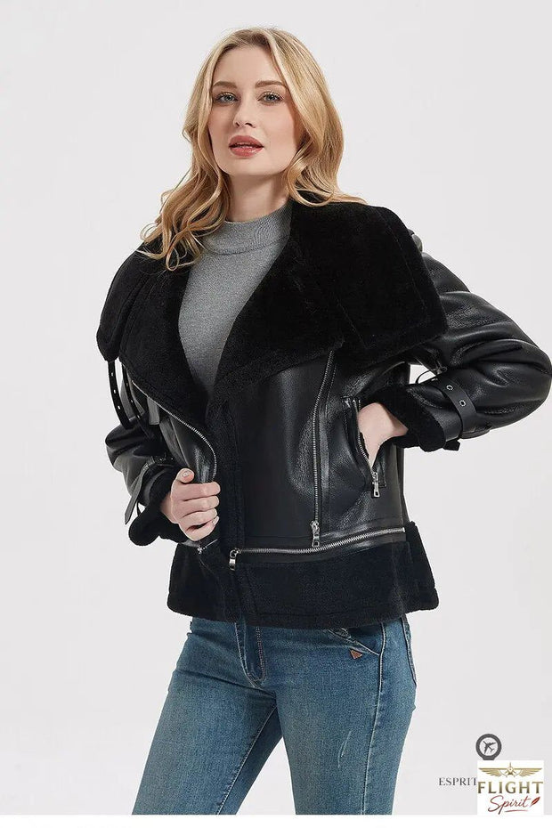 Damen Fliegerjacke Kunstpelz schwarz luxuriös