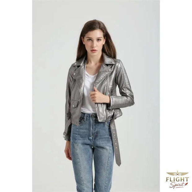 Damen Fliegerjacke aus grauem Kunstleder
