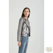 Damen Fliegerjacke aus grauem Kunstleder