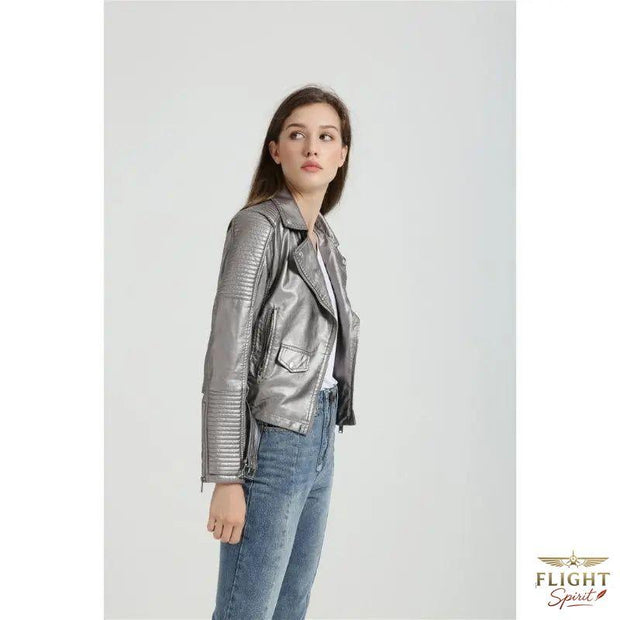 Damen Fliegerjacke aus grauem Kunstleder