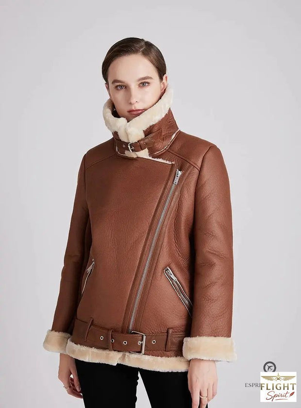 Damen Fliegerjacke aus braunem Kunstleder