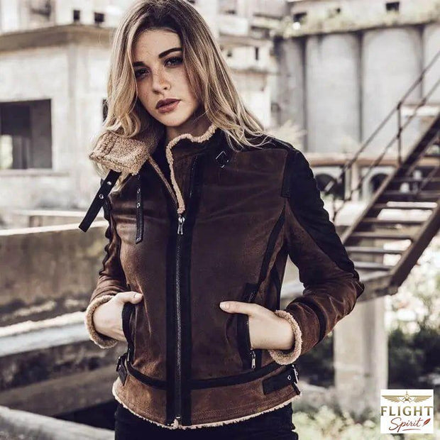 Damen Leder Bomberjacke Braun