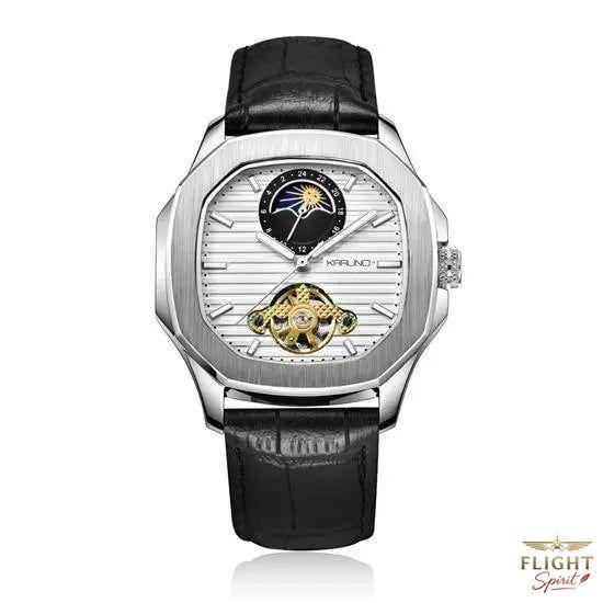 Automatikuhr Pilotenarmband Leder Schwarz Weißes Zifferblatt