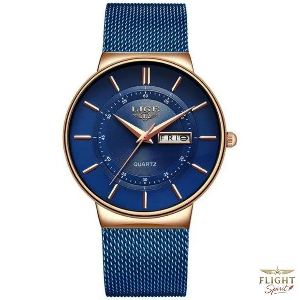 Fliegeruhr mit blauem Edelstahlarmband