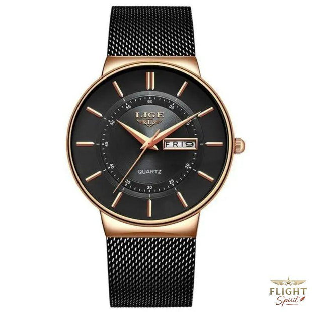 Schwarze Edelstahl-Fliegeruhr mit Armband