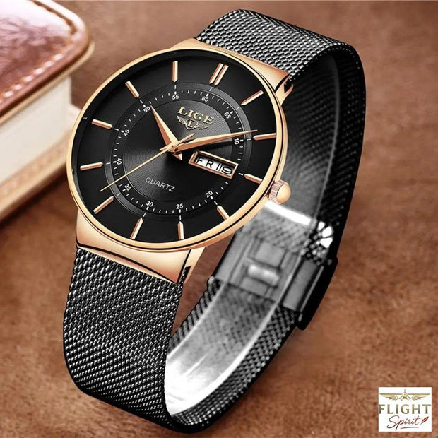 Schwarze Edelstahl-Fliegeruhr mit Armband