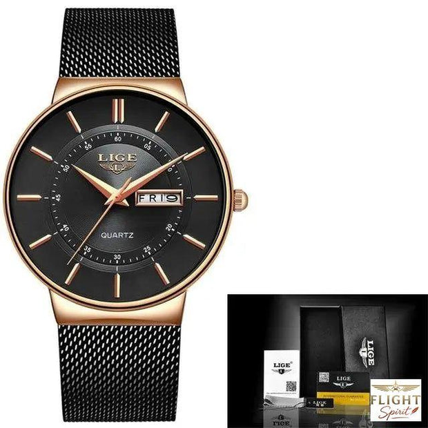 Schwarze Edelstahl-Fliegeruhr mit Armband