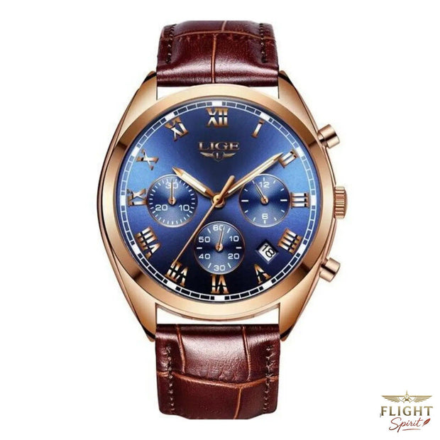 Fliegeruhr mit Lederarmband und goldfarbenem Zifferblatt