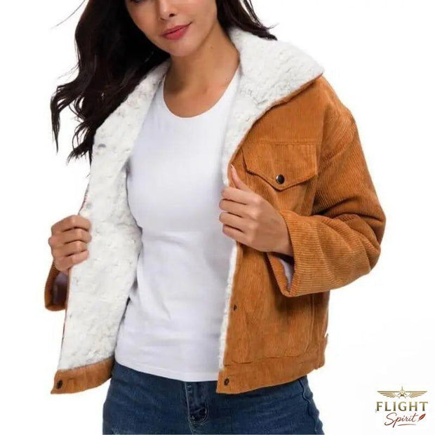 Damen Pilotjacke mit Schaffell-Kragen in Braun